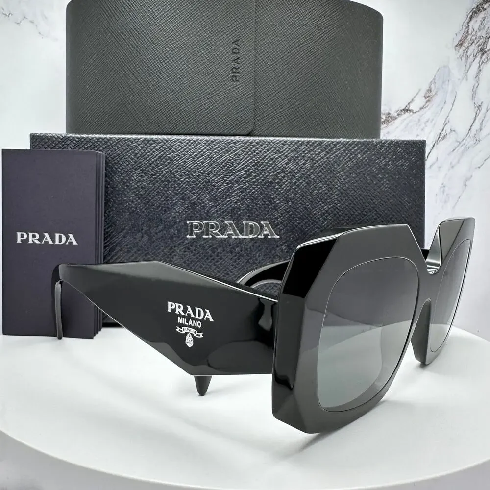 New PRADA Sunglasses Black Silver Symbole Logo Oversized Square Frame 54mm